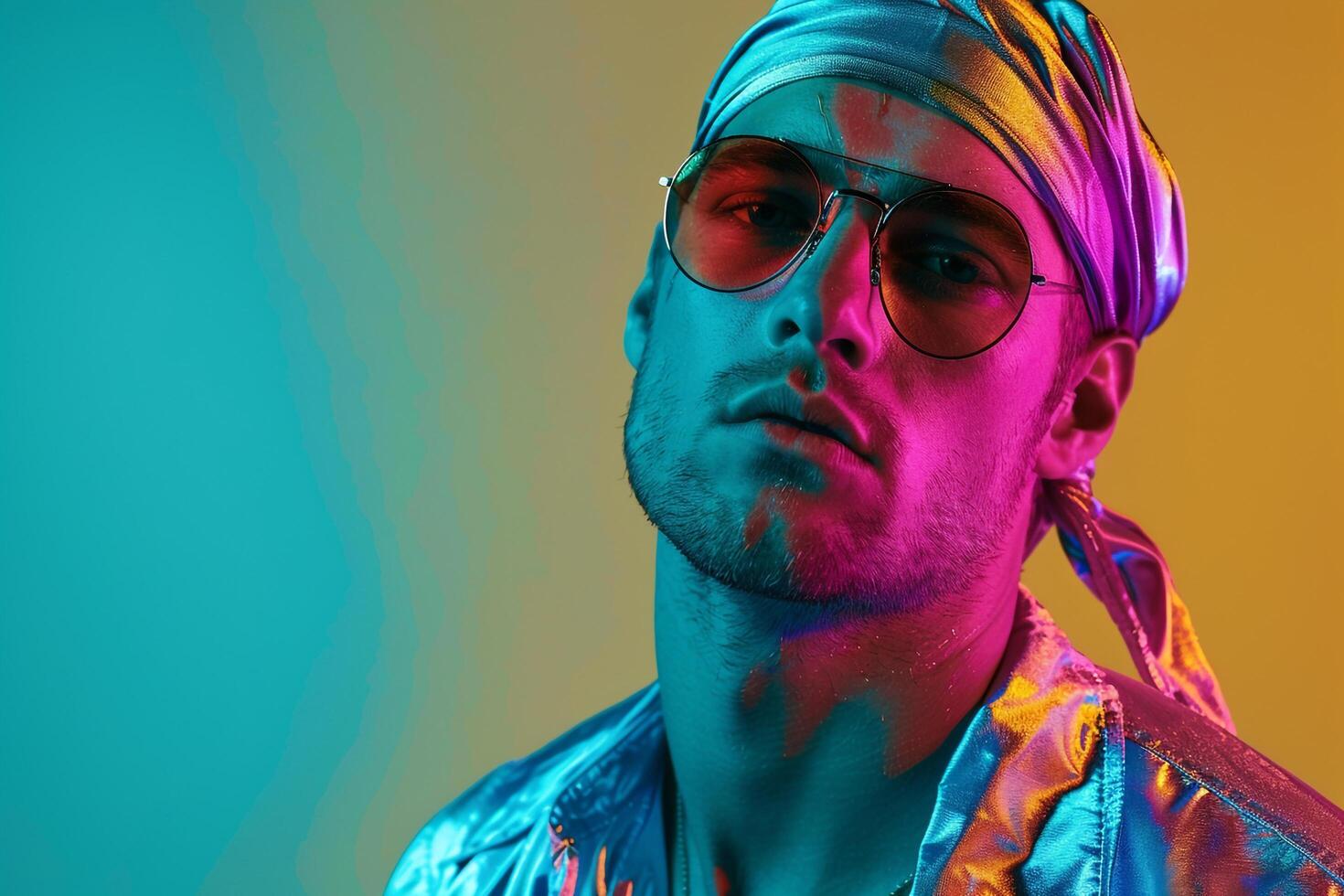 Handsome Fashion Male Model in Metallic Bandana with Neon Aqua Lifestyle portrait Featuring Chic Neon Aqua Background photo
