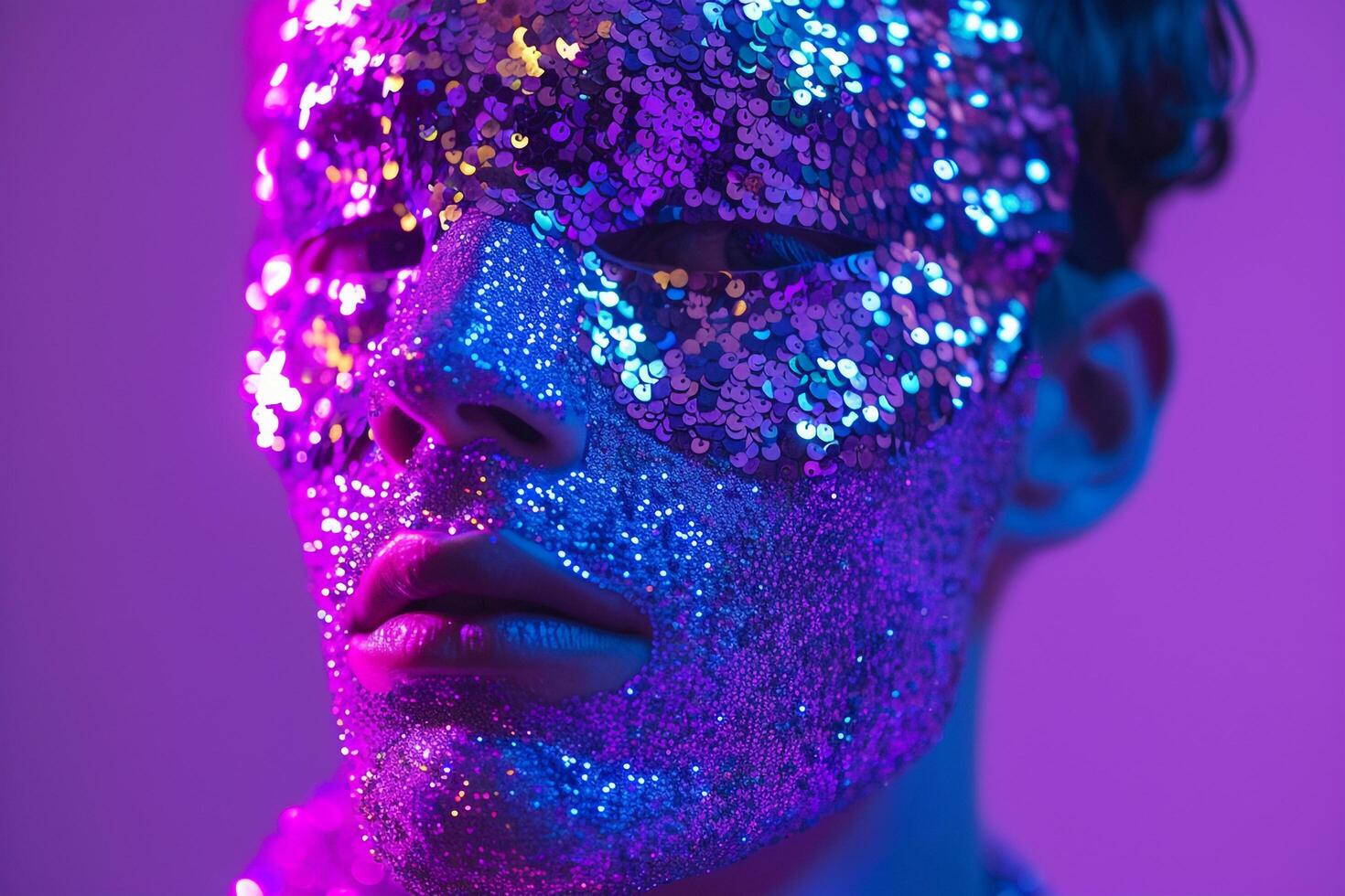 Fashion Male Model in Sequined Face Mask with Neon purple Trendy Males portrait with Chic Neon purple Background photo