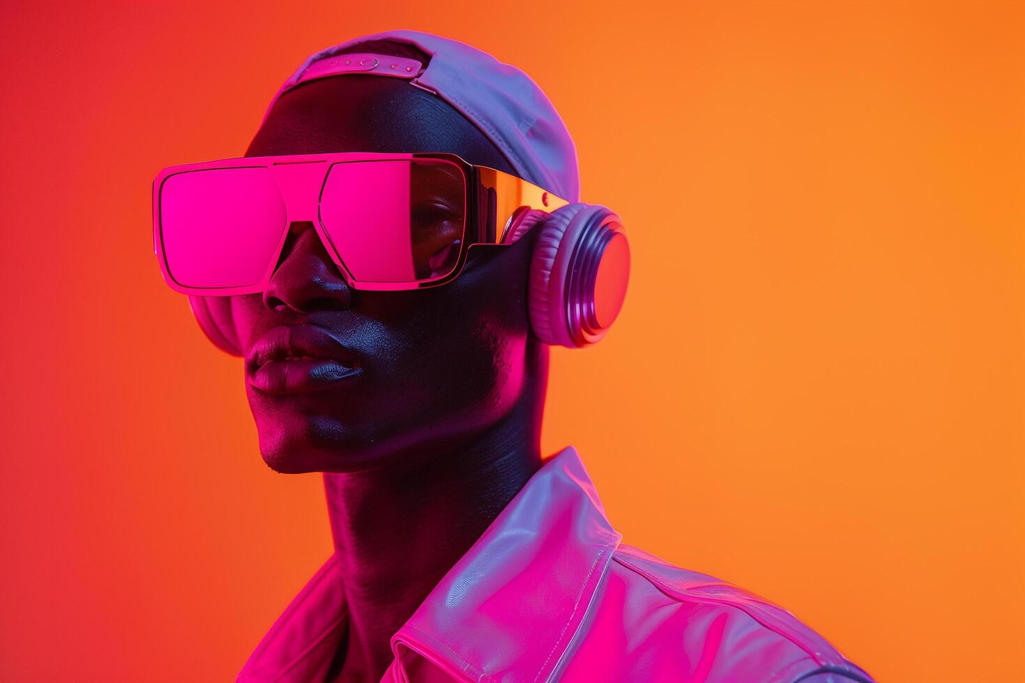 Handsome Male Model in Luxurious Headphones with Neon Coral Modern portrait Featuring Stylish Neon Coral Background photo