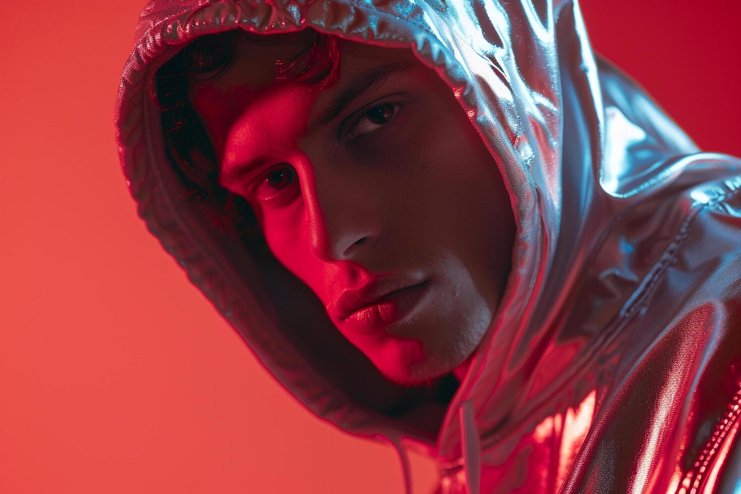 Fashion Male Model in Silver Hoodie with Neon Red Trendy Males portrait Featuring Vibrant Neon Red Background photo