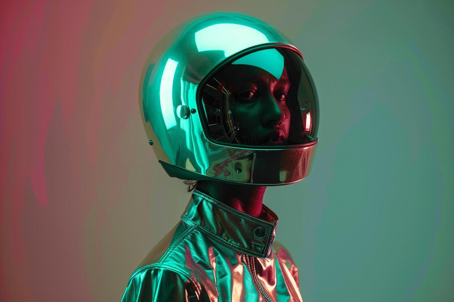Fashion Male Model in Silver Fashion Helmet with Neon Green Trendy Males portrait Featuring Neon Green Background photo