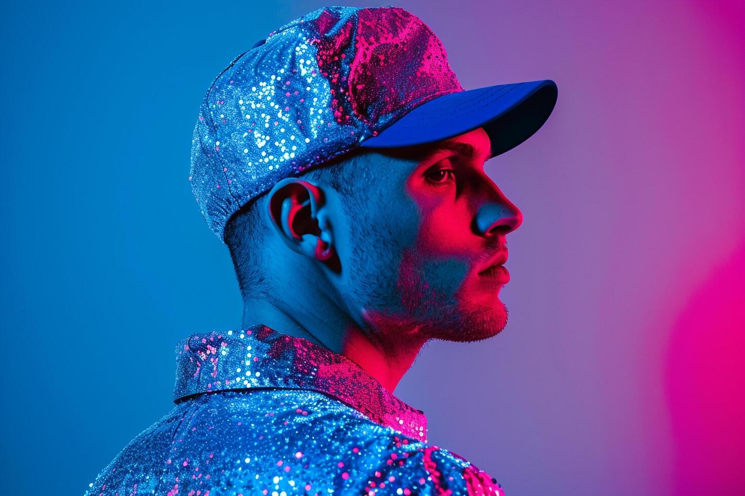 Fashion Male Model in Sequined Cap with Neon Blue Trendy Males portrait Featuring Stylish Neon Blue Background photo