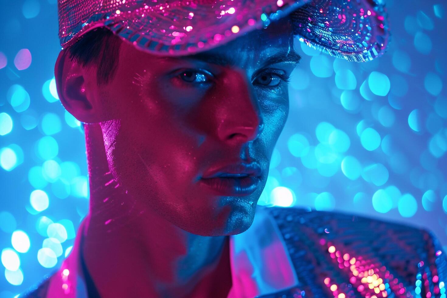 Handsome Male Model in Sequined Cap with Neon Blue Stylish Males portrait Featuring Vibrant Neon Blue Background photo