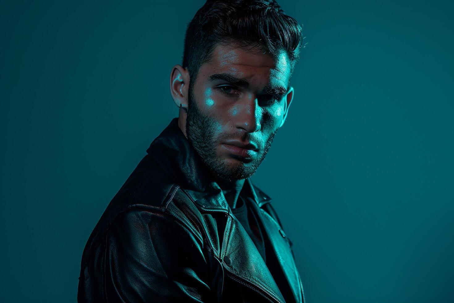 Handsome Male Model in Black leather with Neon Teal Stylish Males portrait Featuring Trendy Neon Teal Background photo