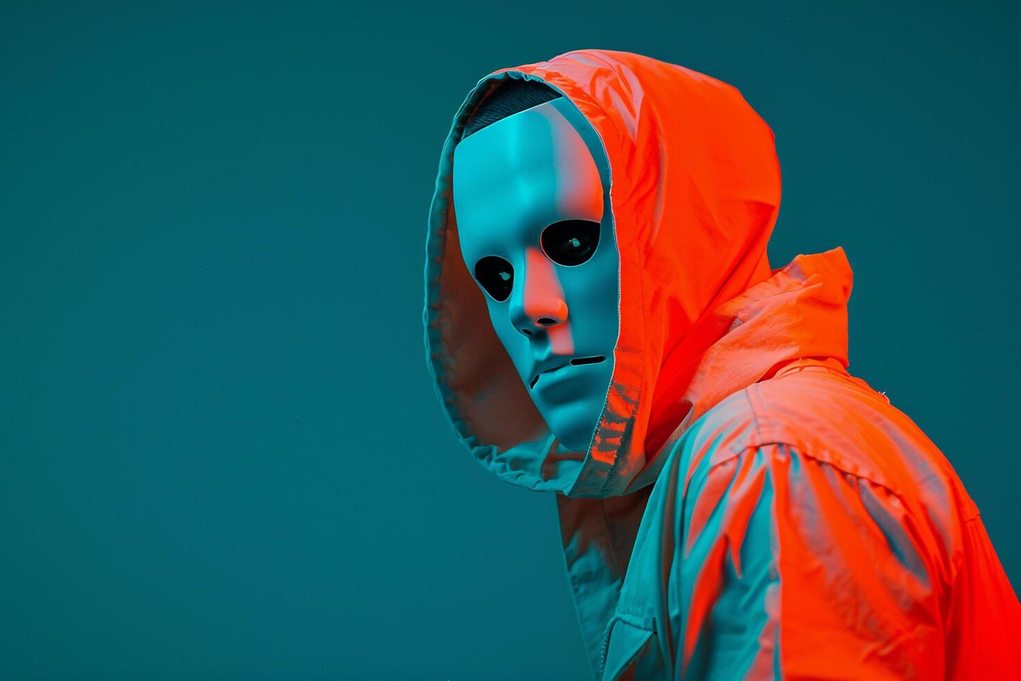 Fashion Male Model in Neon Orange Face Mask with Neon Teal Modern portrait Featuring Vibrant Neon Teal Background photo