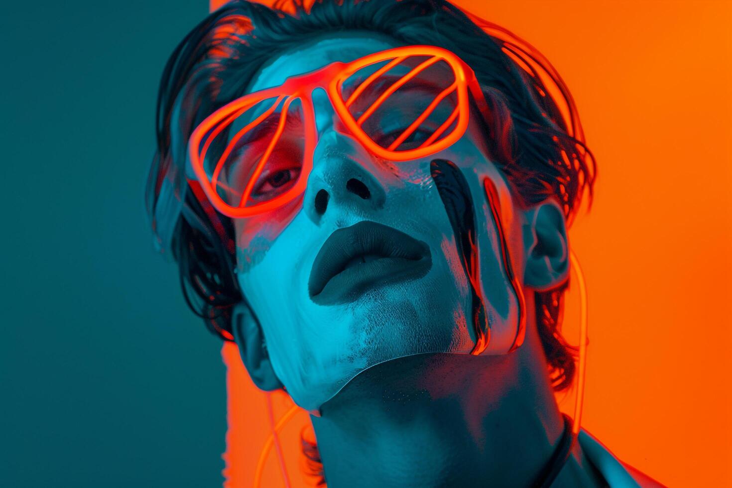 Handsome Fashion Male Model in Neon Orange Face Mask with Neon Teal Stylish Males portrait Featuring Vibrant Neon Teal Background photo