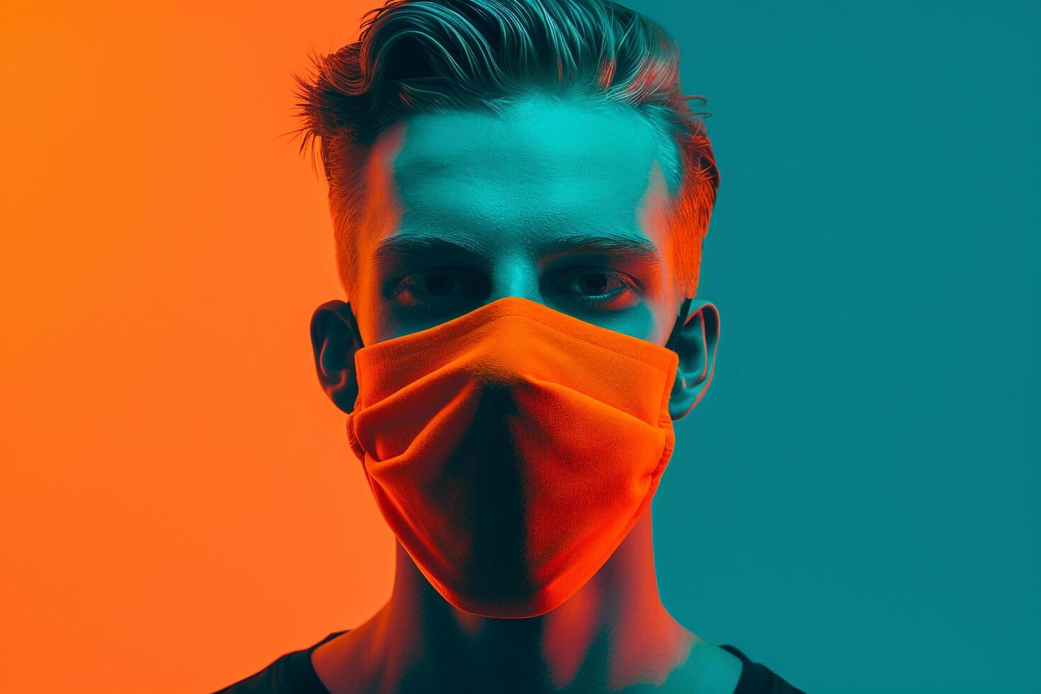 Trendy Male Model in Neon Orange Face Mask with Neon Teal Modern Males portrait Featuring Neon Teal Background photo