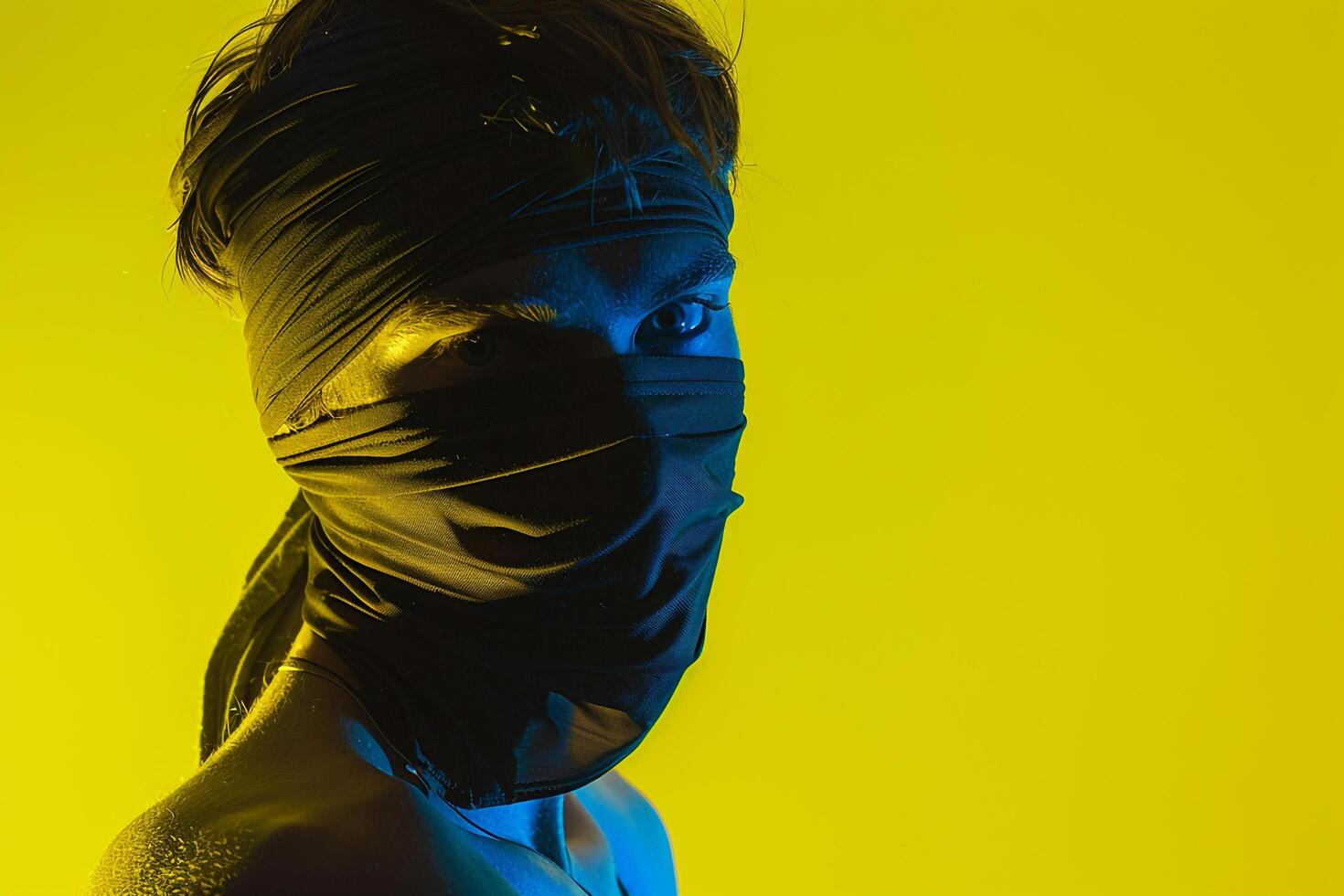 Stylish Fashion Male Model in Dark Grey Bandana with Neon Yellow Trendy Males portrait Featuring Chic Neon Yellow Background photo