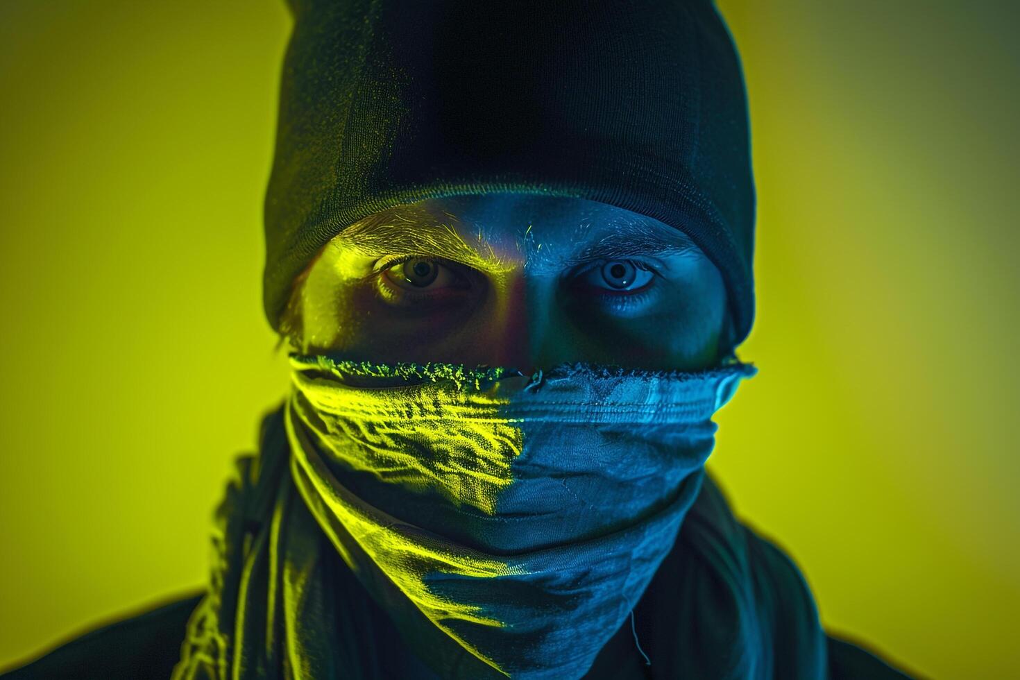 Trendy Male Model in Dark Grey Bandana with Neon Yellow Stylish Males portrait Featuring Vibrant Neon Yellow Background photo