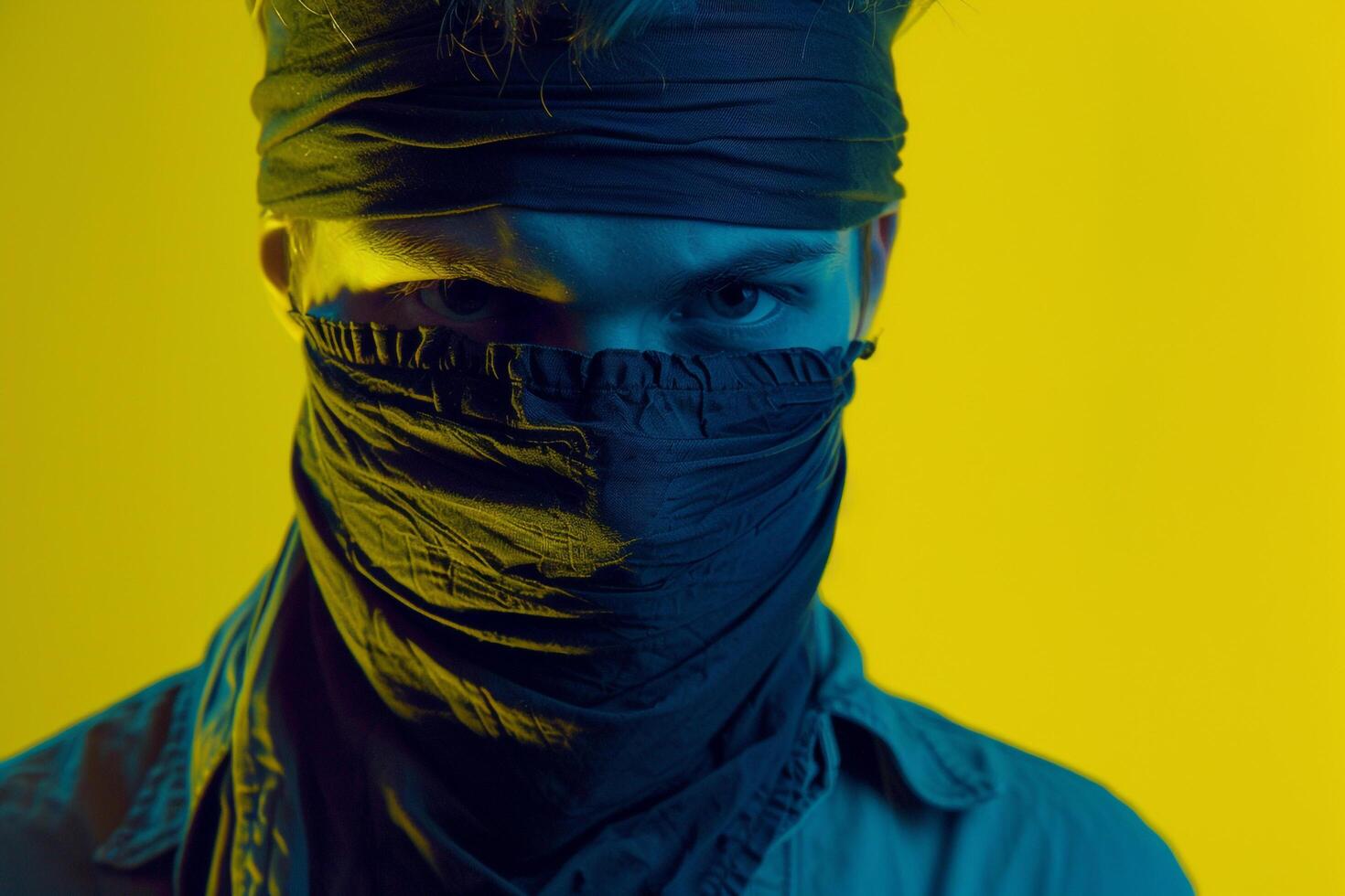 Handsome Fashion Male Model in Dark Grey Bandana with Neon Yellow Modern Males portrait Featuring Vibrant Neon Yellow Background photo