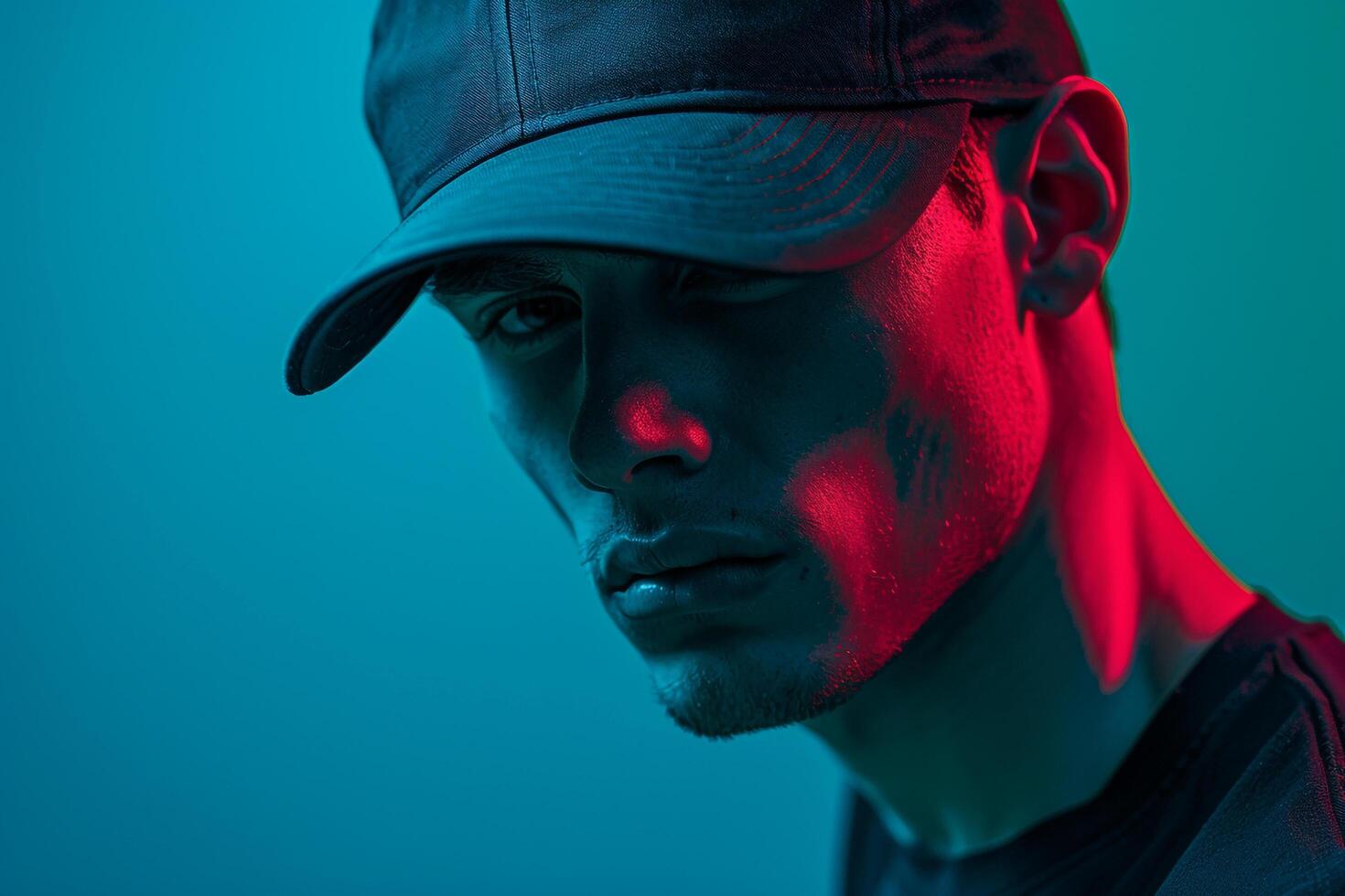 Stylish Fashion Male Model in Navy Cap with Neon Green Trendy Males portrait Featuring Vibrant Neon Green Background photo