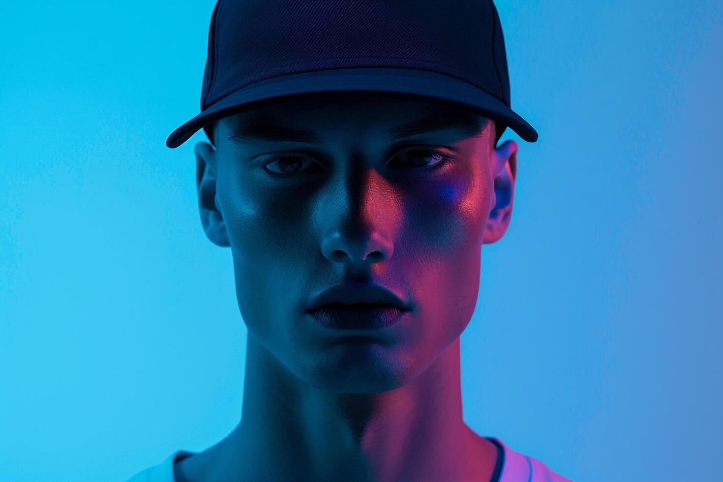 Handsome Fashion Male Model in Navy Cap with Neon Aqua Modern Males portrait Featuring Chic Neon Aqua Background photo