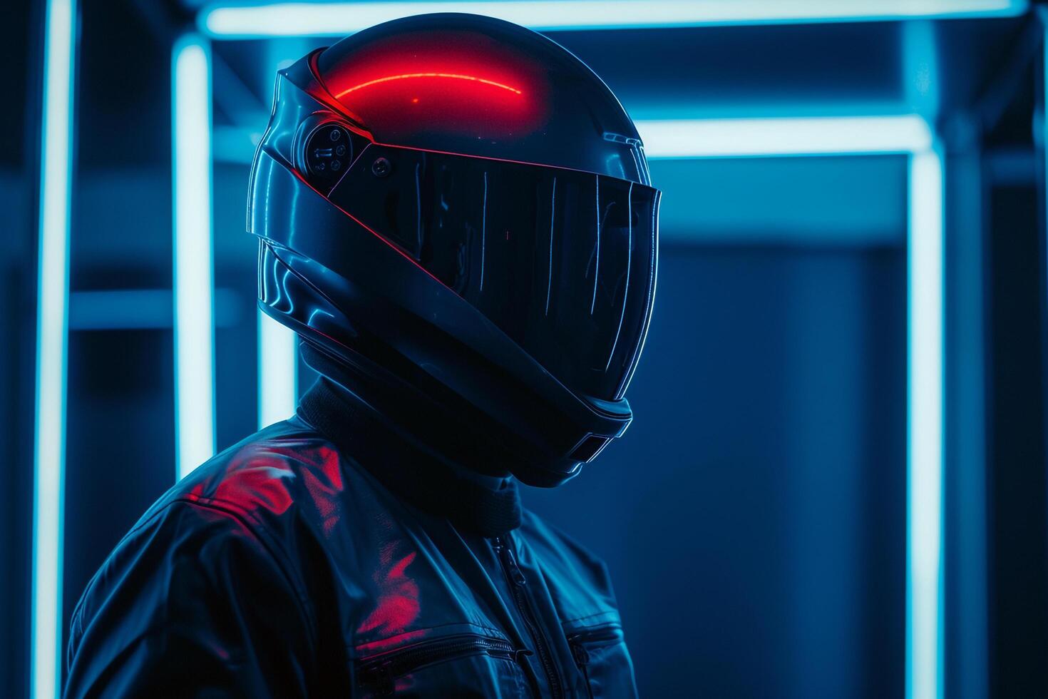 Stylish Fashion Male Model in Matte Black Helmet with Neon Blue Trendy Males portrait Featuring Chic Neon Blue Background photo