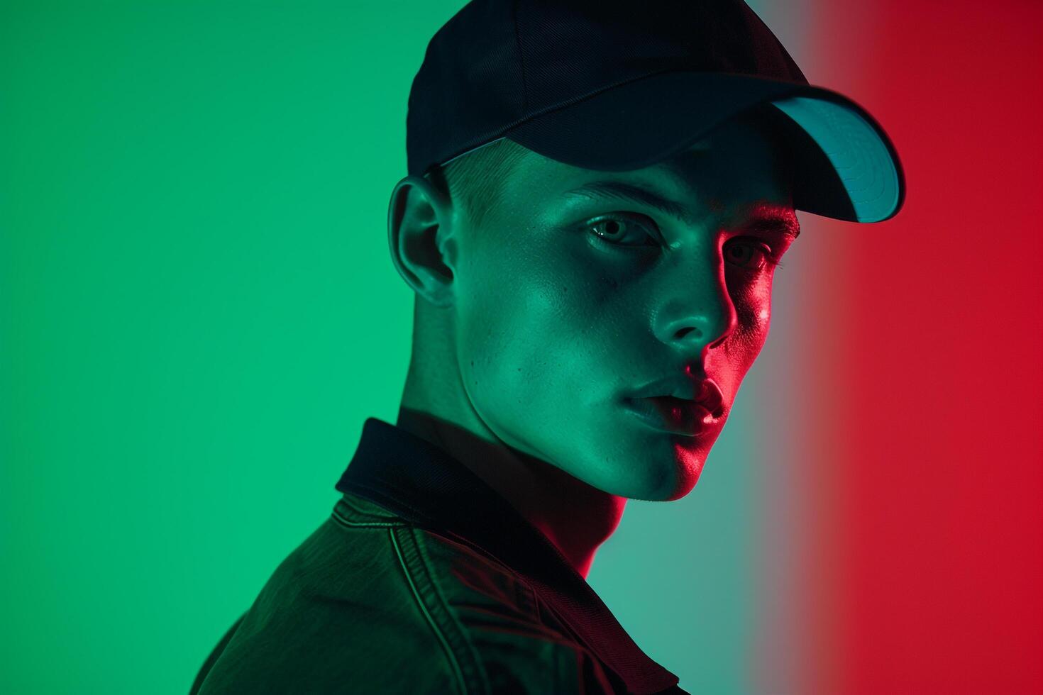 Stylish Fashion Male Model in Navy Cap with Neon Green Trendy Males portrait Featuring Neon Green Background photo