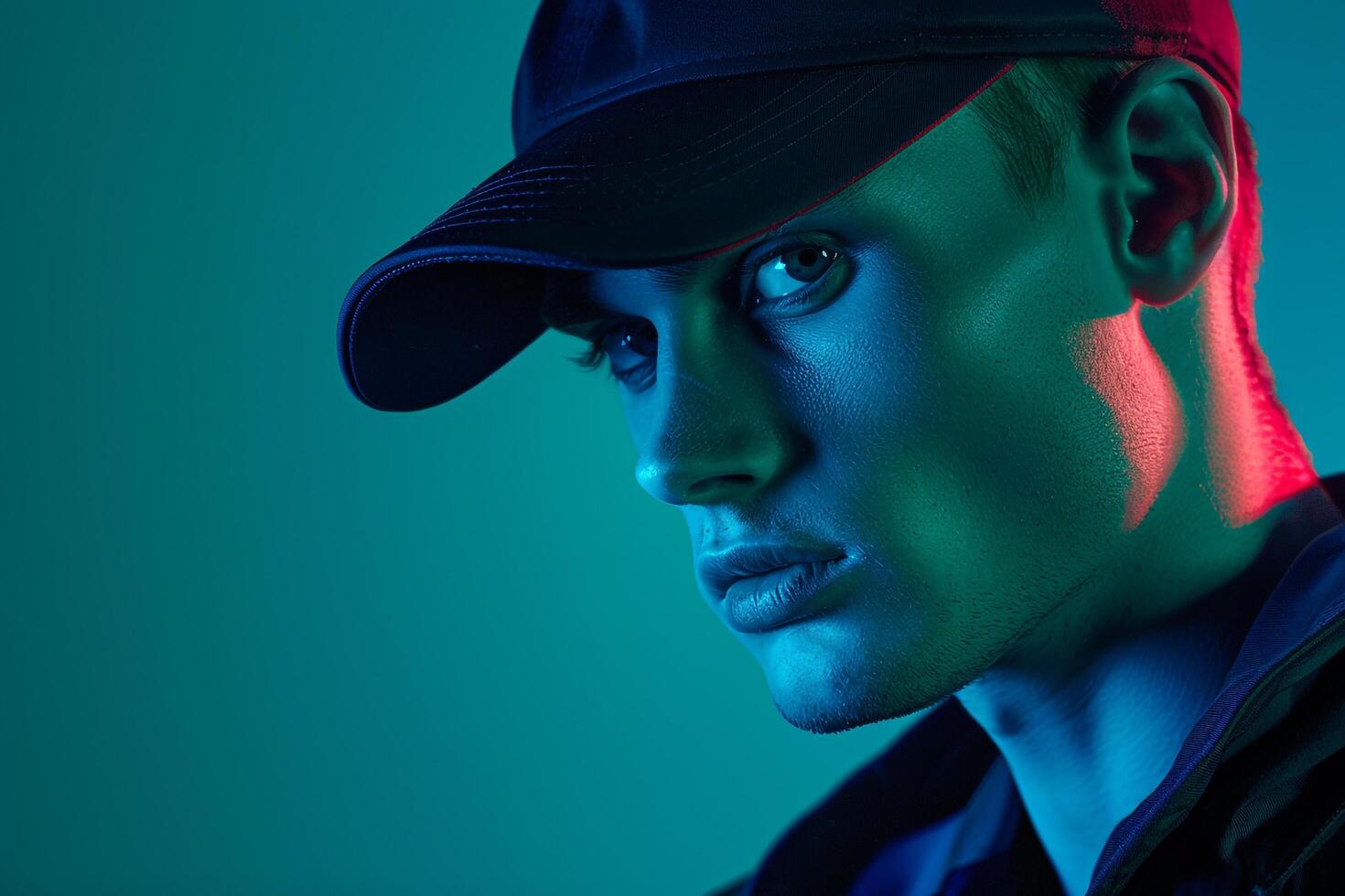 Fashion Male Model in Navy Cap with Neon Green Trendy Males portrait Featuring Chic Neon Green Background photo