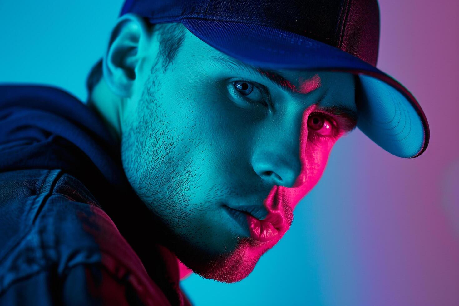 Handsome Fashion Male Model in Navy Cap with Neon Green Modern Males portrait Featuring Vibrant Neon Green Background photo