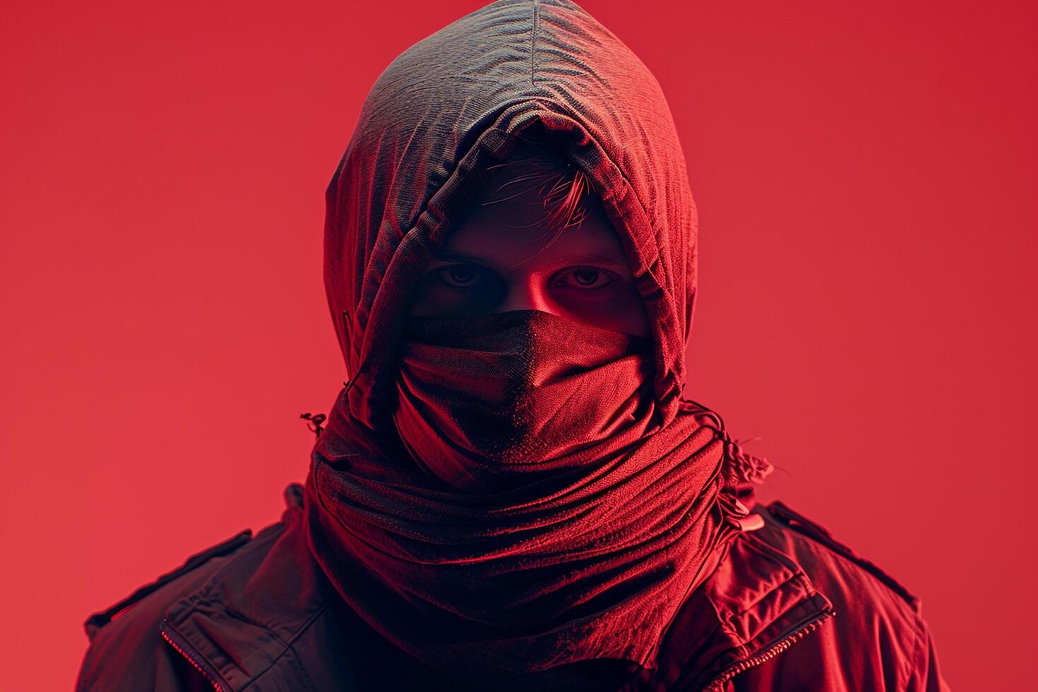 Stylish Fashion Male Model in Matte Grey Bandana with Neon Red Modern Males portrait Featuring Vibrant Neon Red Background photo