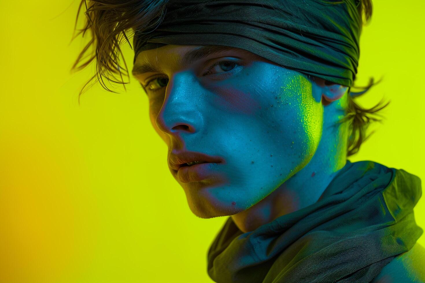 Fashion Male Model in Dark Grey Bandana with Neon Yellow Trendy Males portrait Featuring Chic Neon Yellow Background photo