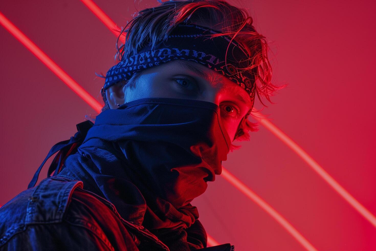 Handsome Fashion Male Model in Matte Black Bandana with Neon Coral Stylish Males portrait Featuring Neon Coral Background photo