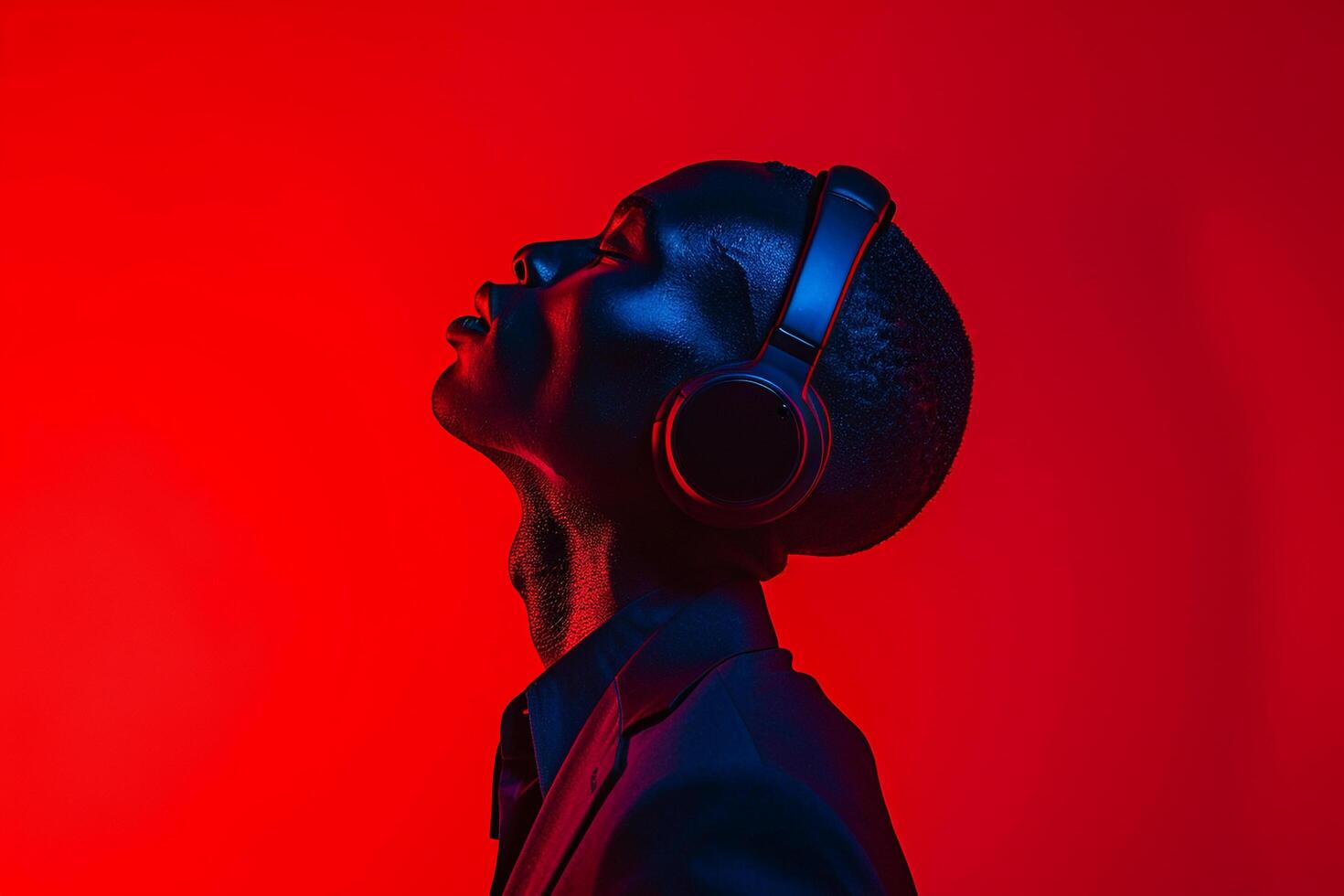 Trendy Fashion Male Model in Charcoal Headphones with Neon Red Stylish Males portrait Featuring Vibrant Neon Red Background photo