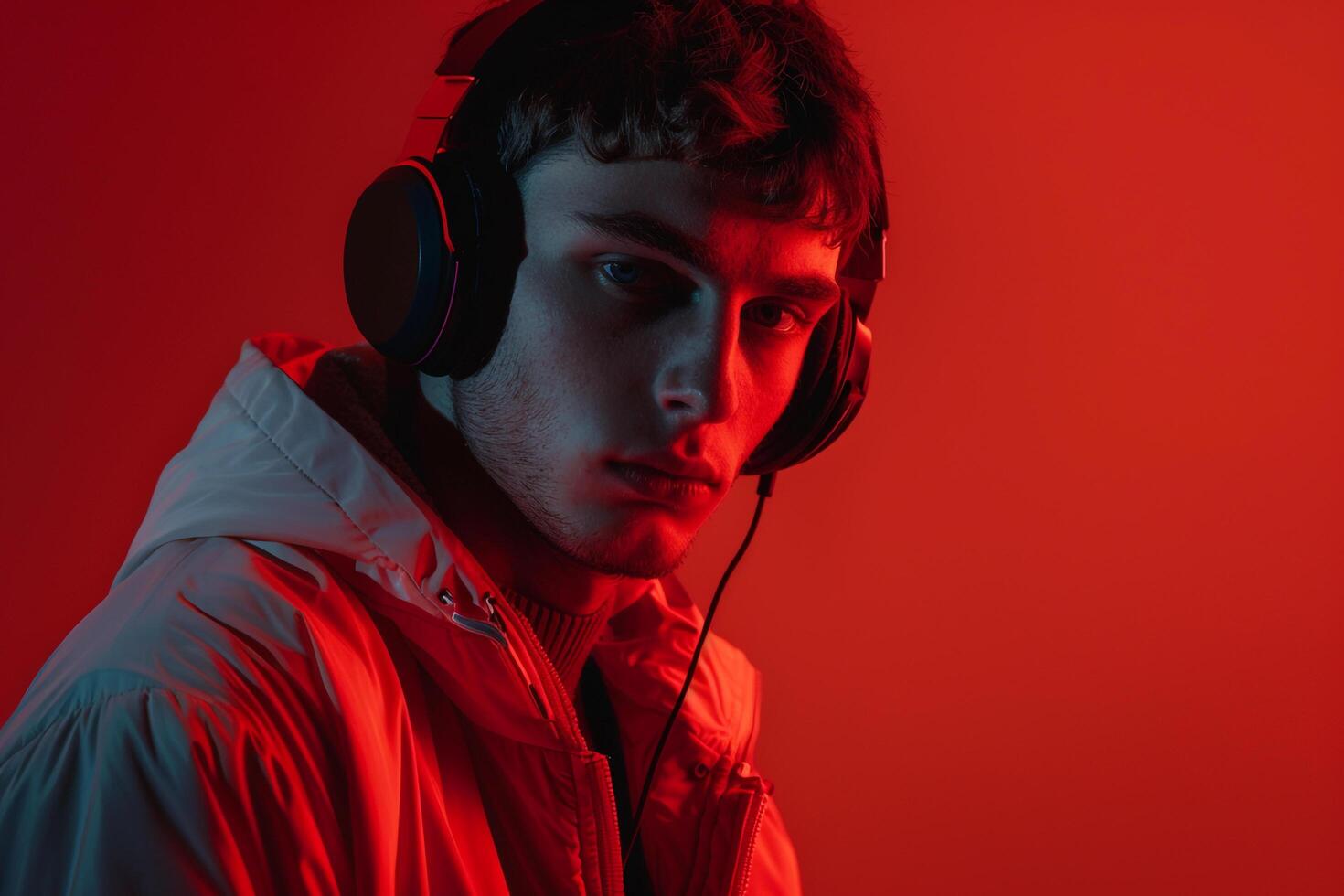 Stylish Male Model in Charcoal Headphones with Neon Red Trendy Males portrait Featuring Vibrant Neon Red Background photo