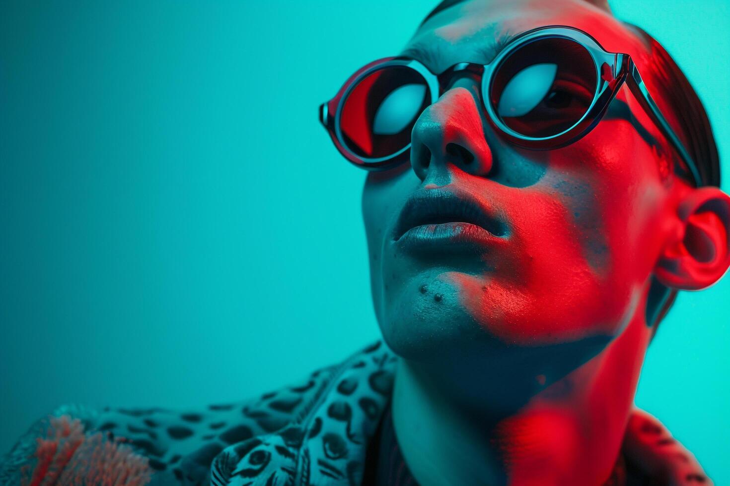 Handsome Male Model in Dark Brown eyewear with Neon Teal Trendy portrait Featuring Chic Neon Teal Background photo