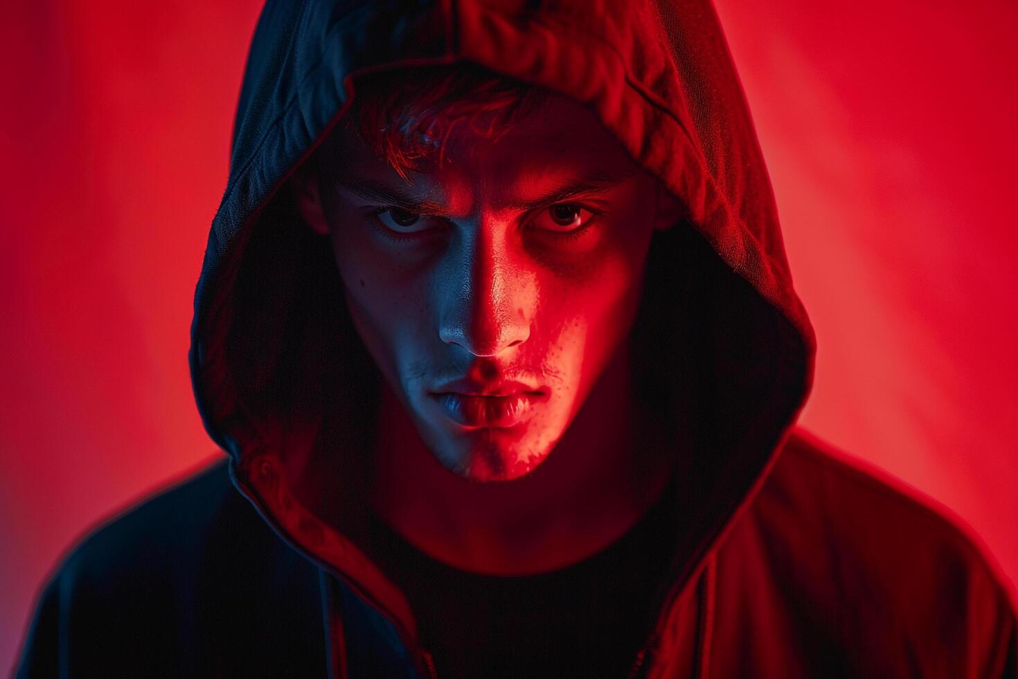 Handsome Male Model in Matte Black Hoodie with Neon Red Modern Males portrait Featuring Chic Neon Red Background photo