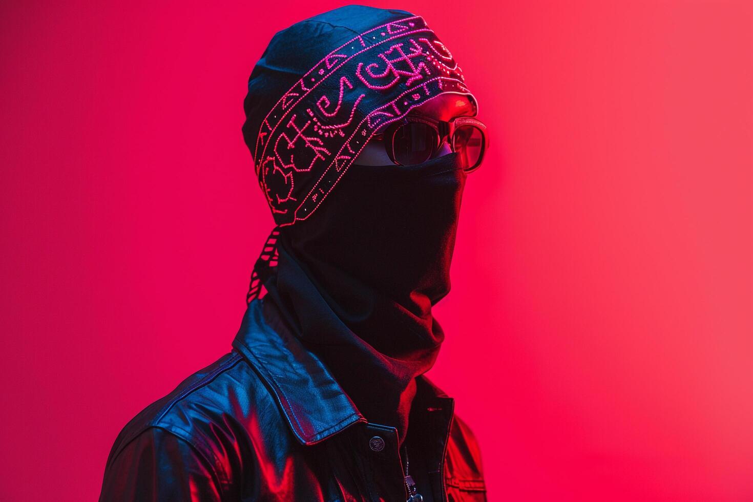 Stylish Fashion Male Model in Matte Black Bandana with Neon Coral Modern Males portrait Featuring Vibrant Neon Coral Background photo