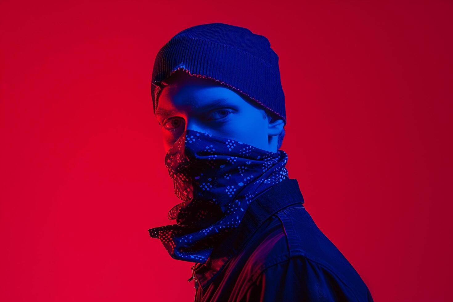 Handsome Fashion Male Model in Dark Blue Bandana with Neon Coral Modern Males portrait Featuring Chic Neon Coral Background photo