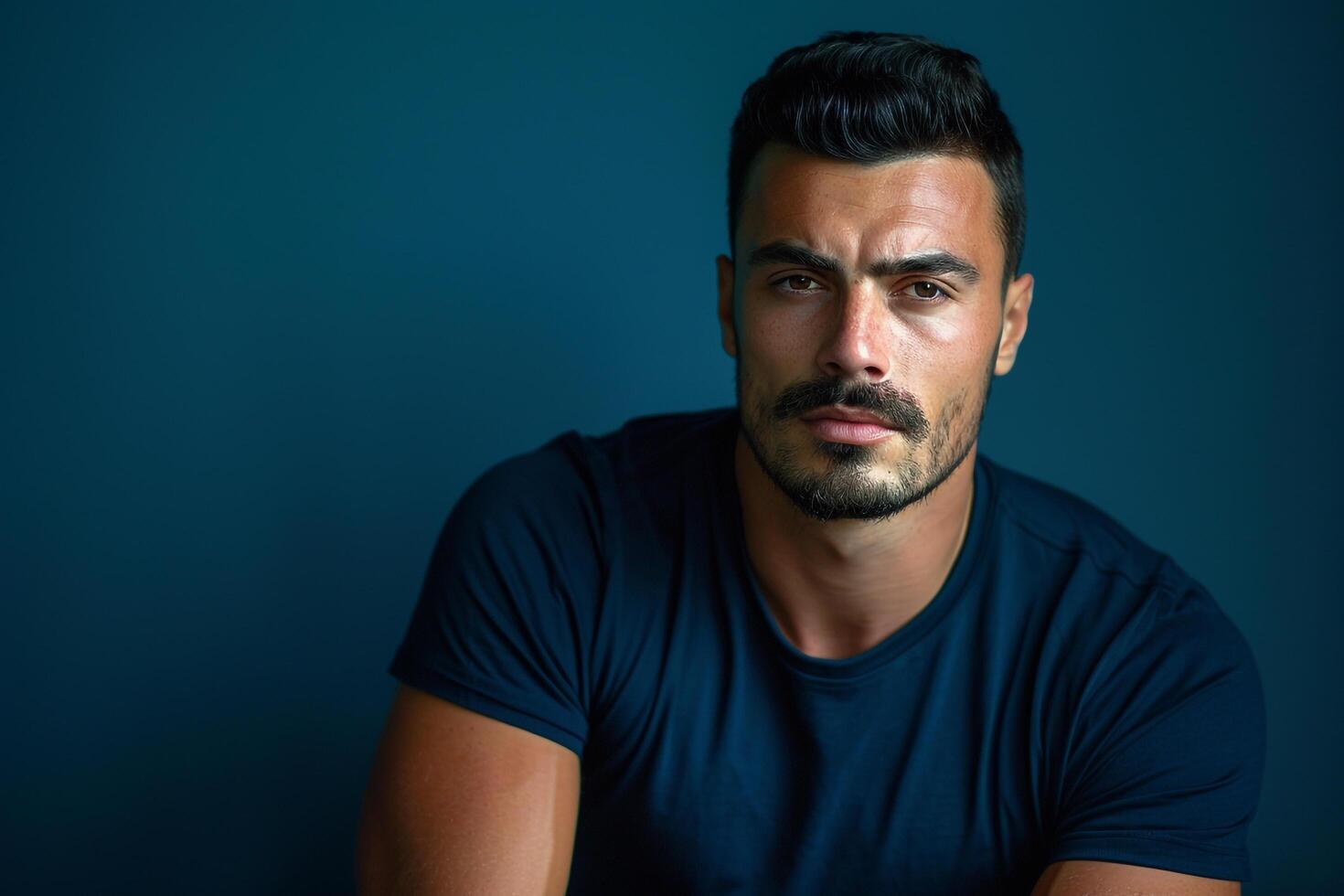 Trendy Fashion Male Model in Tailored T Shirt with Soft Blue Stylish Males portrait Featuring Chic Soft Blue Background photo