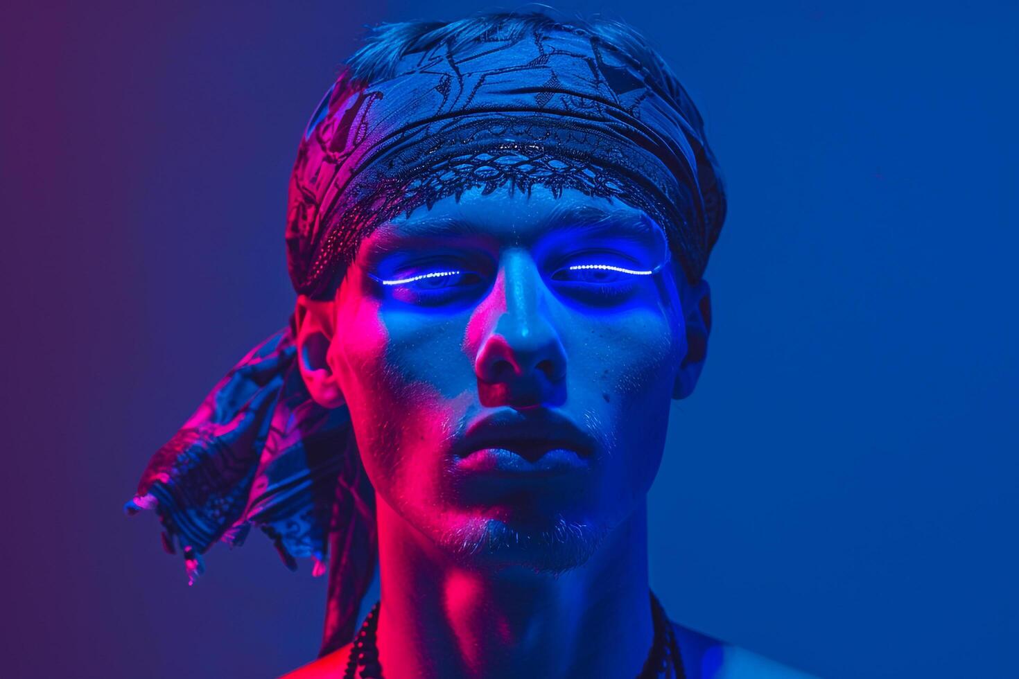 Fashion Male Model in Dark Grey Bandana with Neon Blue Stylish Males portrait Featuring Vibrant Neon Blue Background photo