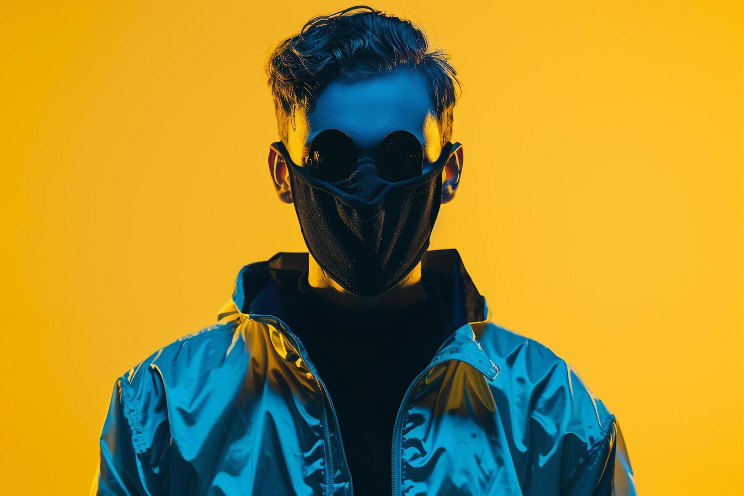 Trendy Fashion Male Model in Black Face Mask with Neon Yellow Modern Males portrait Featuring Vibrant Neon Yellow Background photo