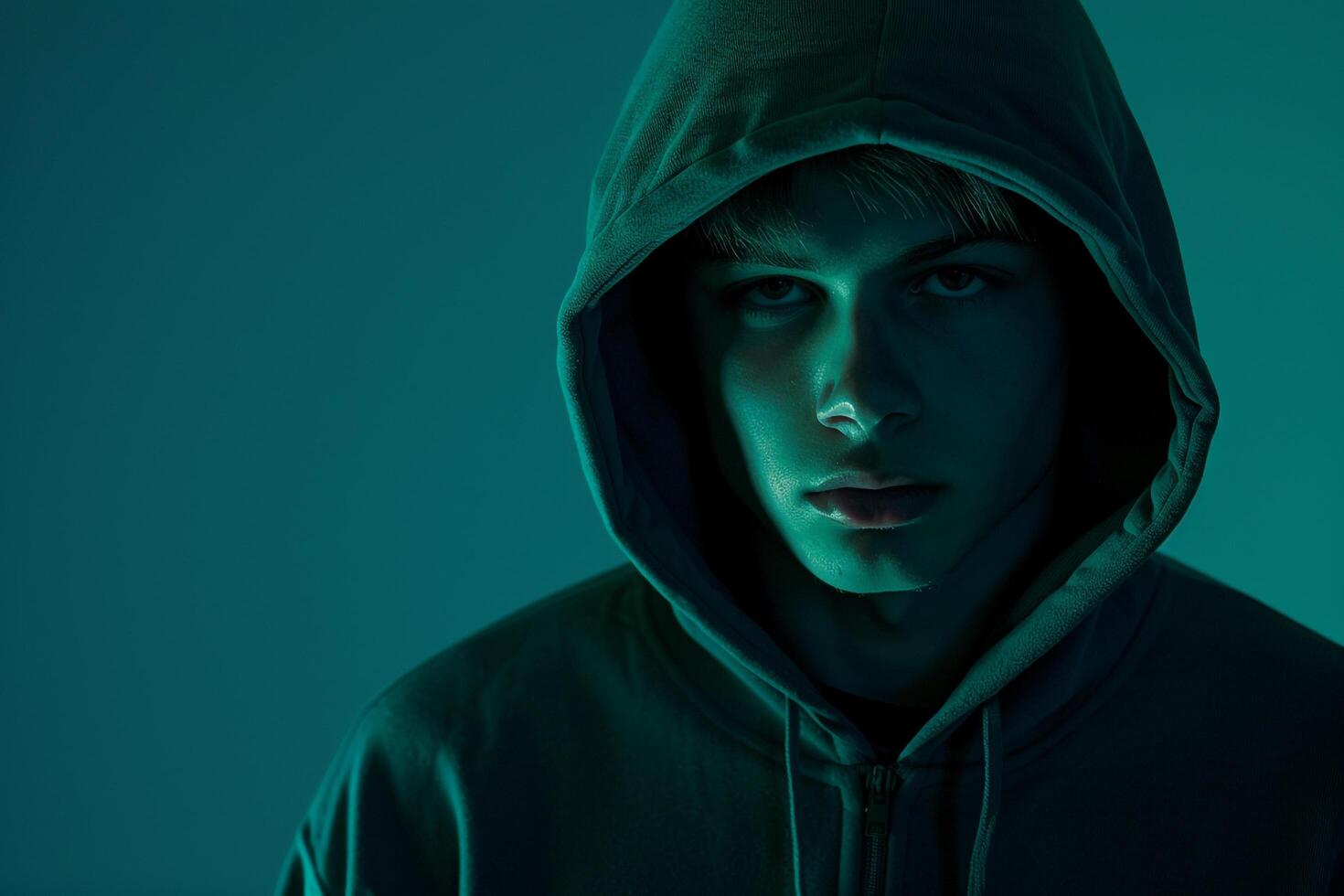 Handsome Fashion Male Model in Dark Green Hoodie with Neon Teal Modern Males portrait Featuring Chic Neon Teal Background photo