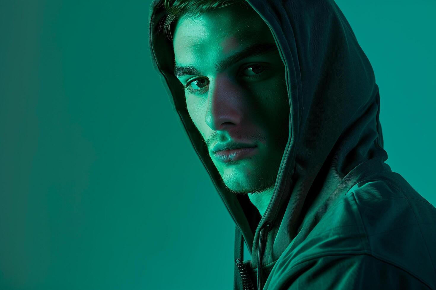 Stylish Fashion Male Model in Dark Green Hoodie with Neon Teal Modern Males portrait Featuring Chic Neon Teal Background photo