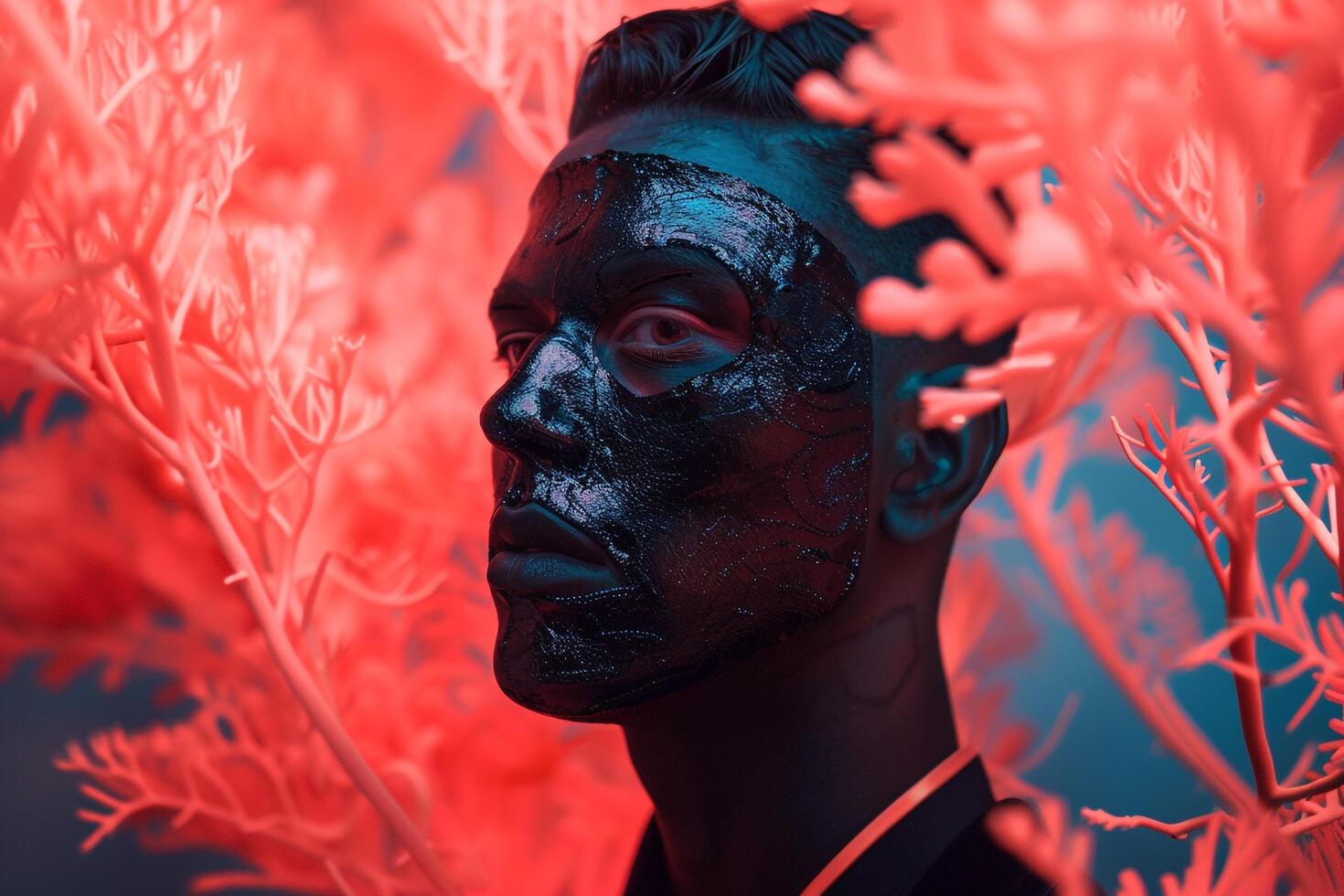 Trendy Fashion Male Model in Black Face Mask with Neon Coral Stylish Males portrait Featuring Vibrant Neon Coral Background photo