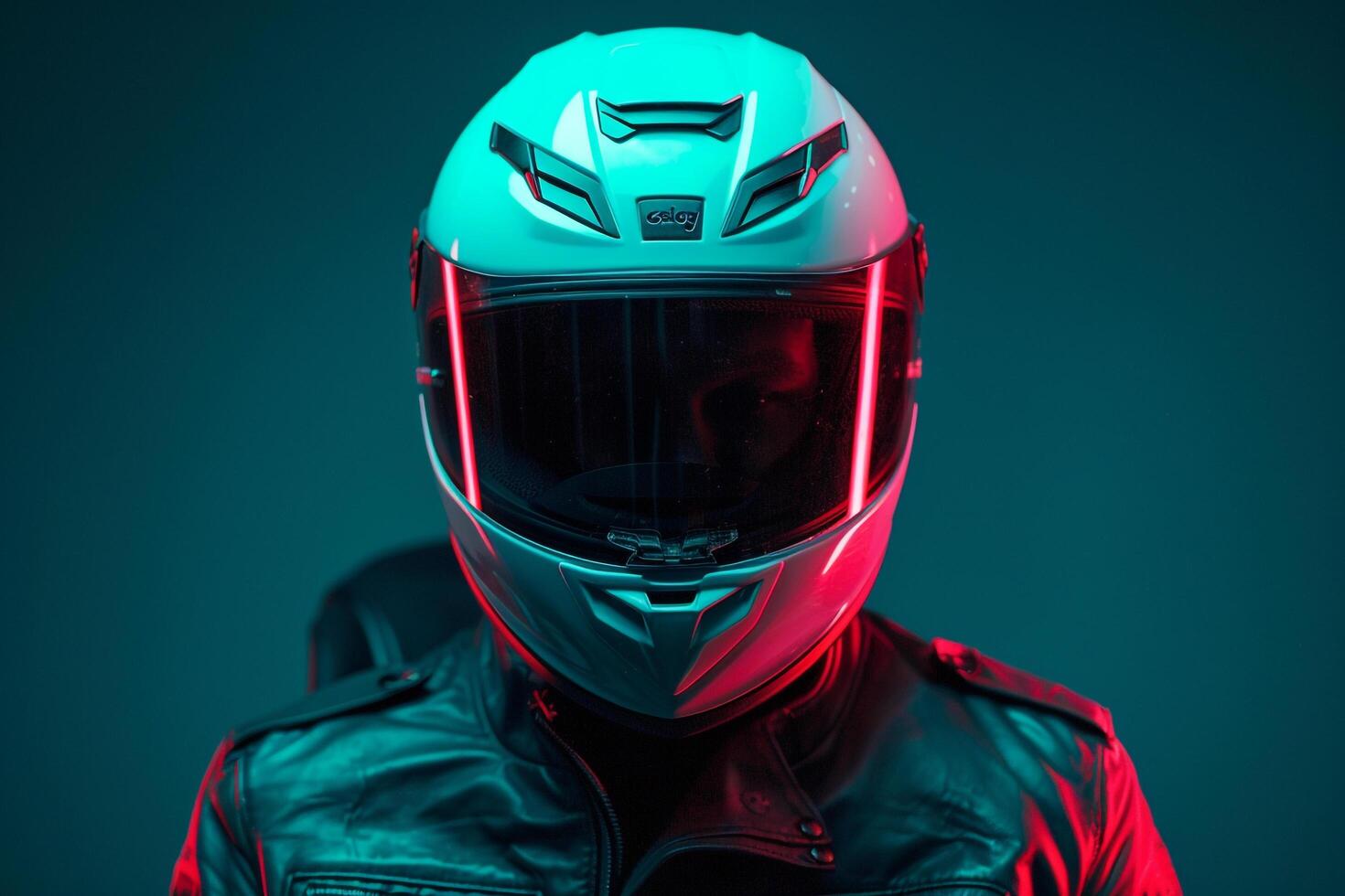 Handsome Fashion Male Model in Matte Grey Fashion Helmet with Neon Teal Modern Males portrait Featuring Chic Neon Teal Background photo