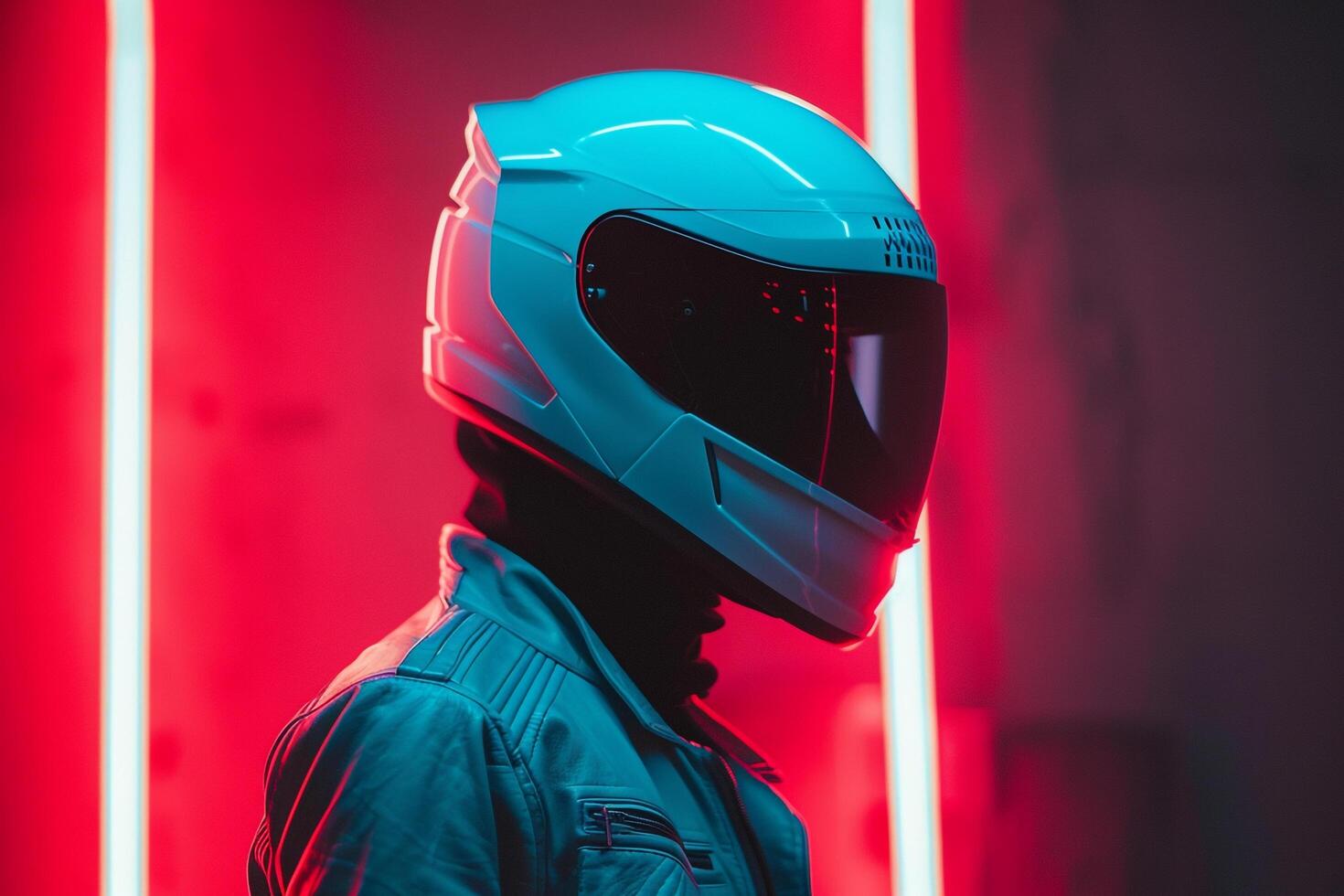 Stylish Fashion Male Model in Matte Grey Fashion Helmet with Neon Teal Modern Males portrait Featuring Chic Neon Teal Background photo