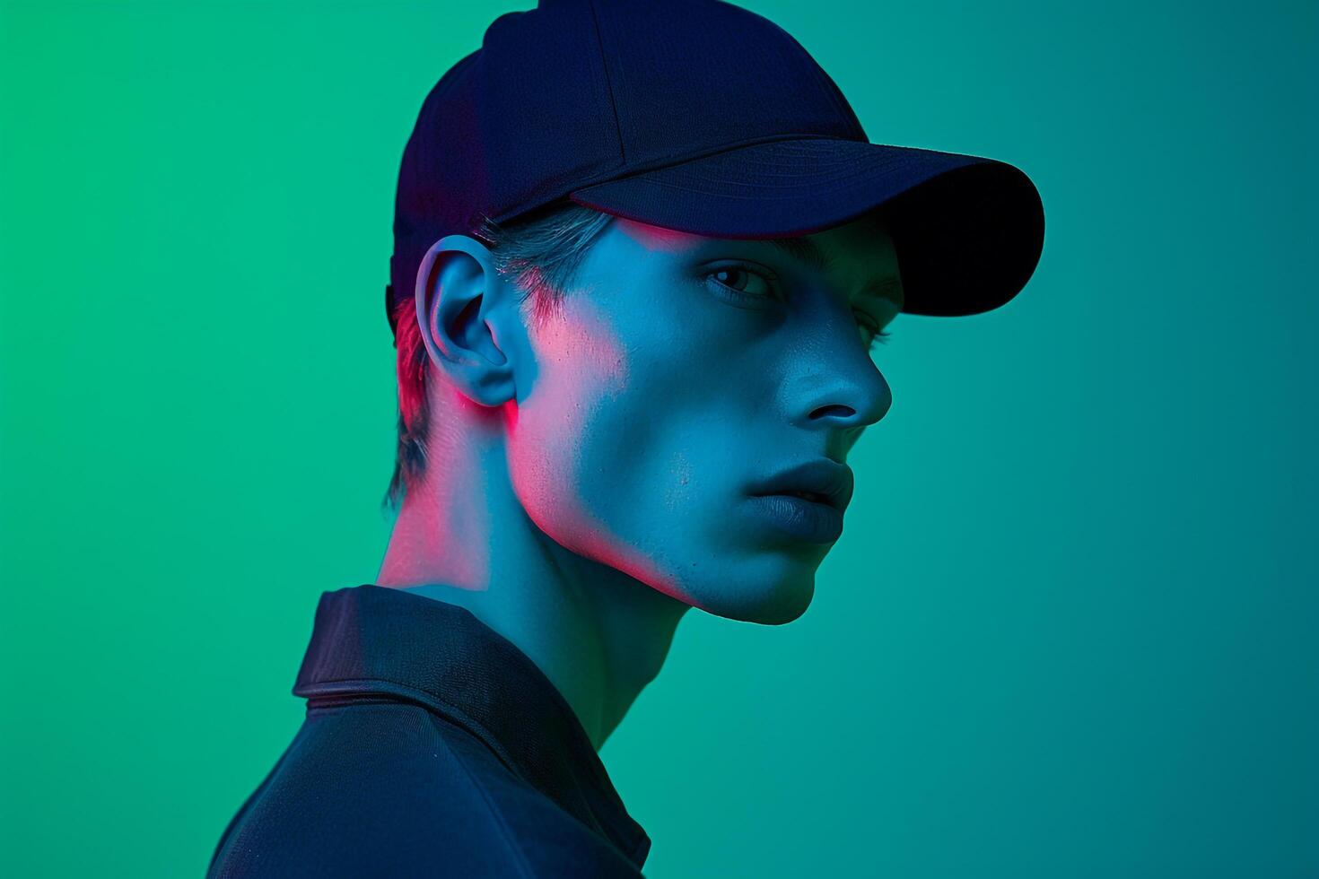 Handsome Fashion Male Model in Navy Cap with Neon Green Modern Males portrait Featuring Chic Neon Green Background photo