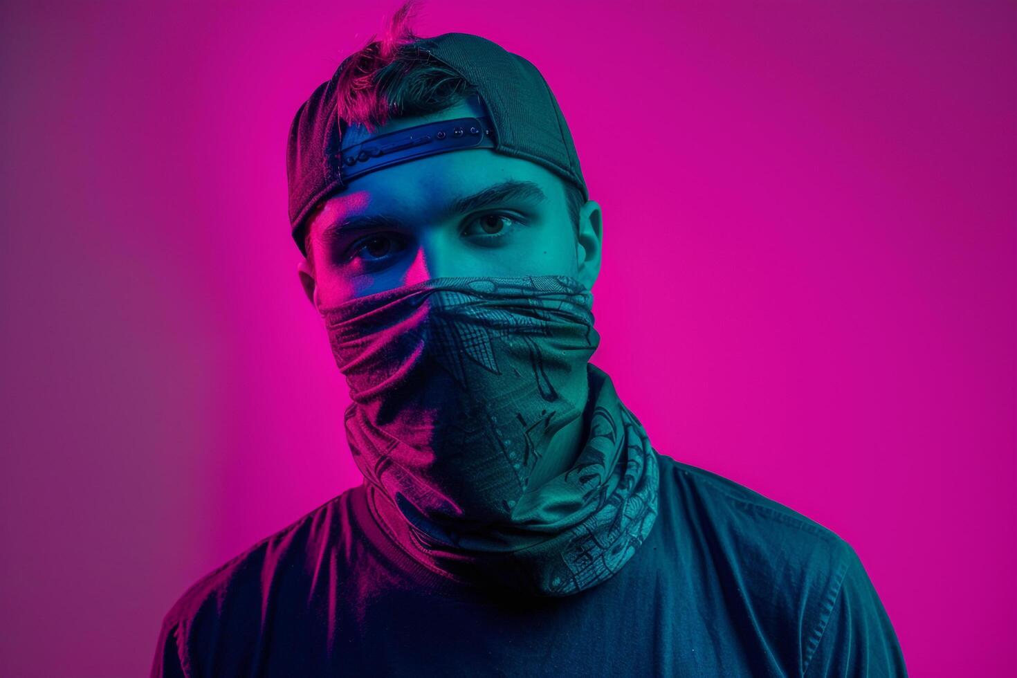 Handsome Fashion Male Model in Dark Green Bandana with Neon pink Trendy Males portrait Featuring Neon pink Background photo