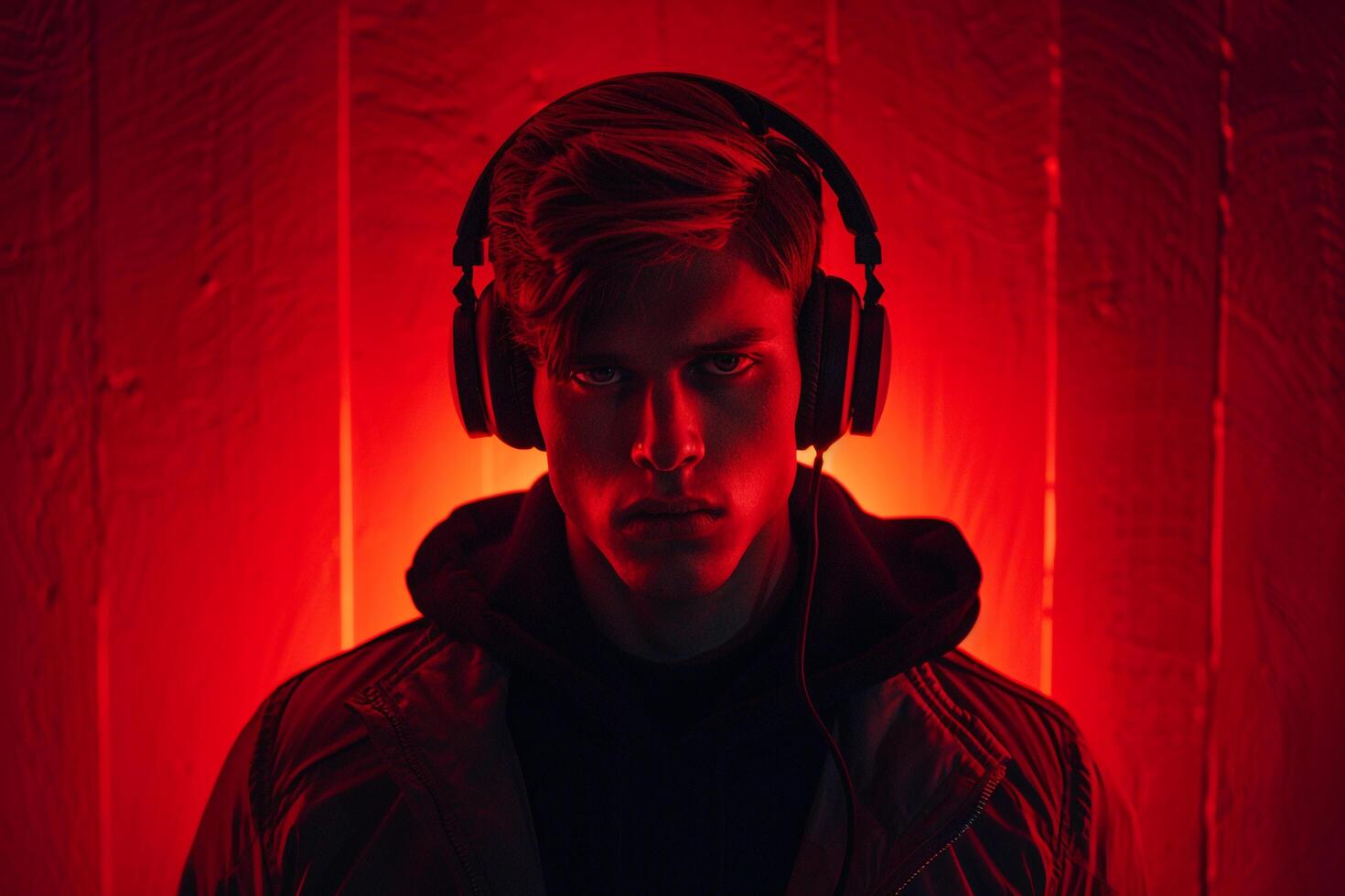 Handsome Fashion Male Model in Charcoal Headphones with Neon Red Modern Males portrait Featuring Chic Neon Red Background photo