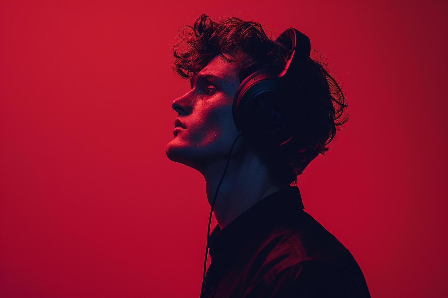 Handsome Fashion Male Model in Charcoal Headphones with Neon Red Stylish Males portrait Featuring Chic Neon Red Background photo