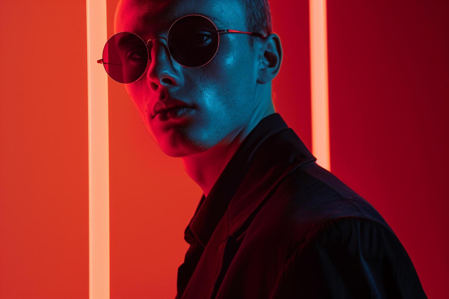 Stylish Fashion Male Model in Gradient eyewear with Neon Red Trendy Males portrait Featuring Vibrant Neon Red Background photo