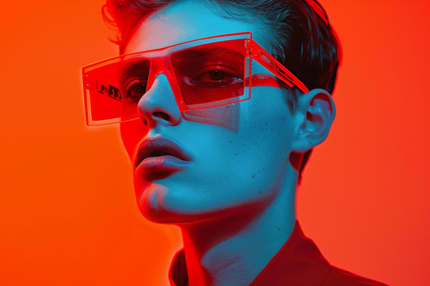 Trendy Fashion Male Model in Gradient eyewear with Neon Red Stylish Males portrait Featuring Vibrant Neon Red Background photo