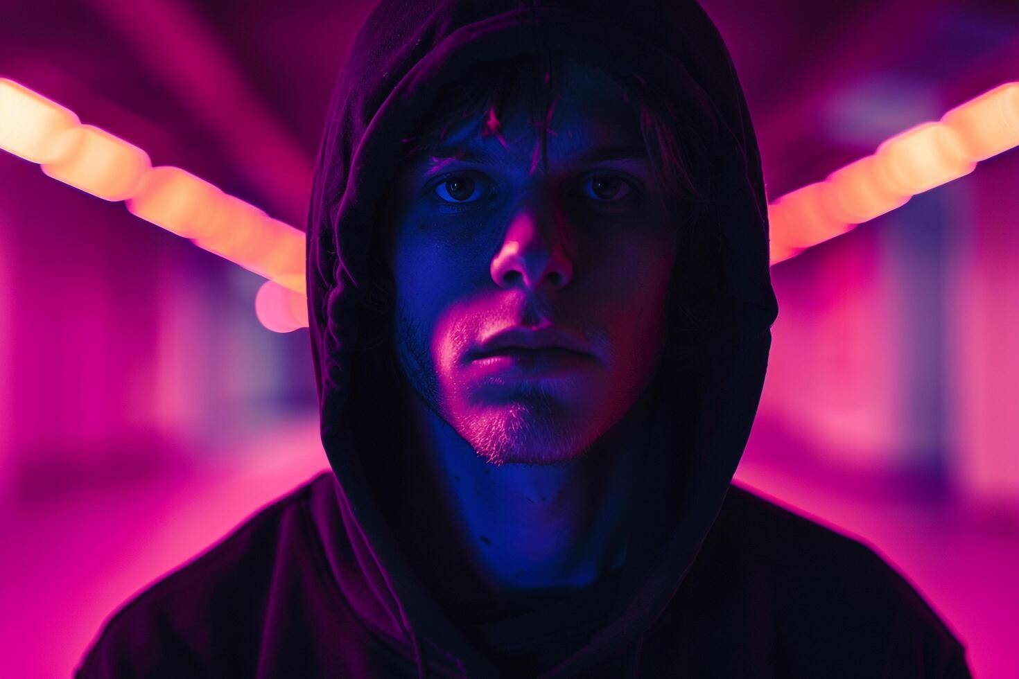 Handsome Fashion Male Model in Matte Black Hoodie with Neon purple Stylish Males portrait Featuring Vibrant Neon purple Background photo