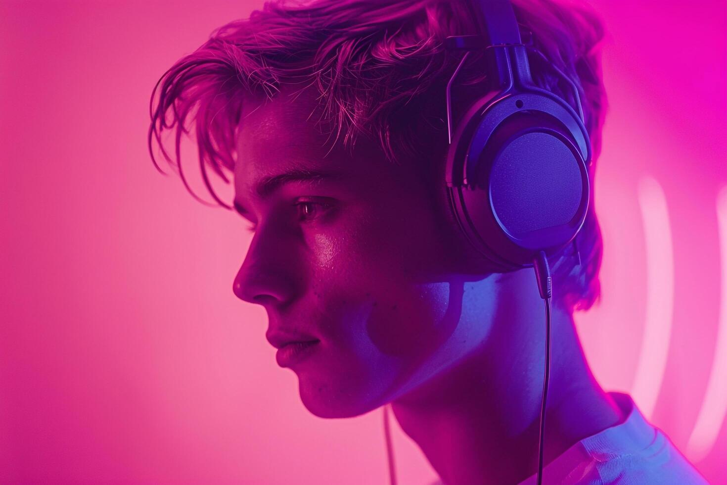 Stylish Fashion Male Model in Matte Gray Headphones with Neon purple Trendy Males portrait Featuring Vibrant Neon purple Background photo