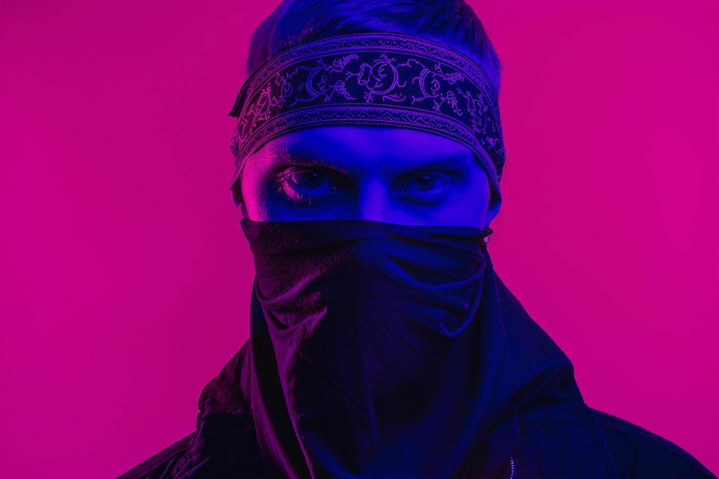 Handsome Fashion Male Model in Dark Bandana with Neon purple Trendy Males portrait Featuring Vibrant Neon purple Background photo