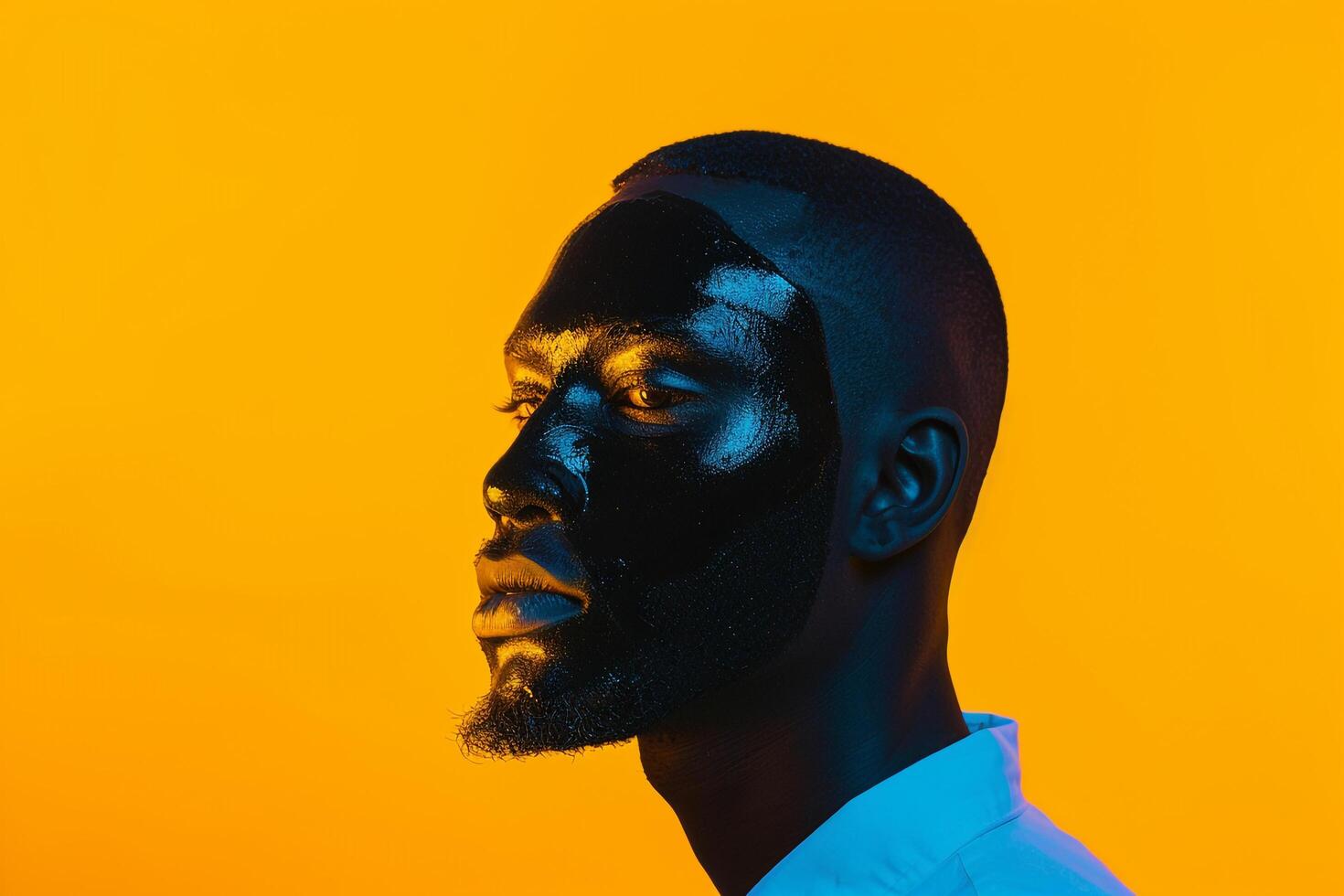 Fashion Male Model in Black Face Mask with Neon Yellow Stylish Males portrait Featuring Chic Neon Yellow Background photo