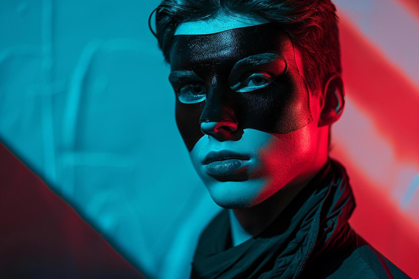 Fashion Male Model in Black Face Mask with Neon Aqua Stylish Males portrait Featuring Vibrant Neon Aqua Background photo