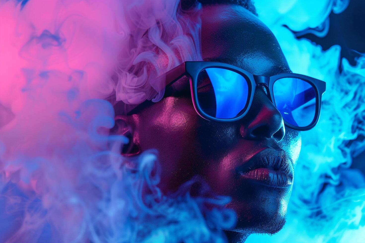 Handsome Fashion Male Model Wearing Smoke Gray eyewear Against a Neon Aqua Background Trendy and Stylish Lifestyle portrait photo