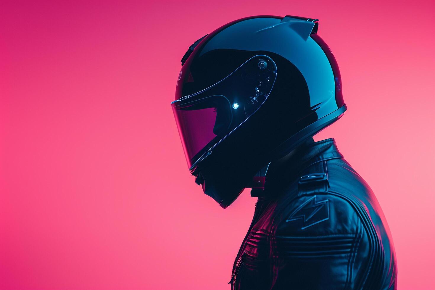Trendy Fashion Male Model in Dark Blue Fashion Helmet with Neon pink Stylish Males portrait Featuring Vibrant Neon pink Background photo